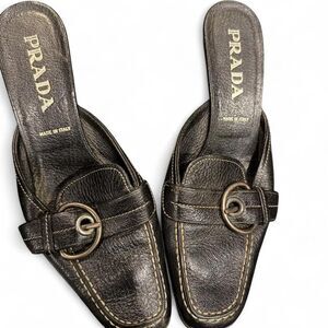 Authentic Vintage Prada Black Leather Buckle Mules - Size 38 (US 8)
